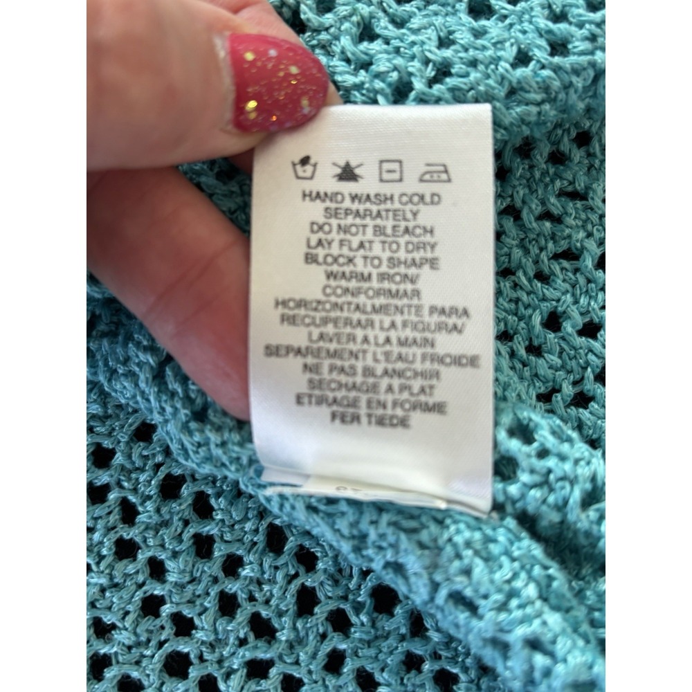 Sigrid Olsen Cardigan Sweater~L~Turquoise Crochet Knit Linen Bld 2 Button Resort - Picture 14 of 15